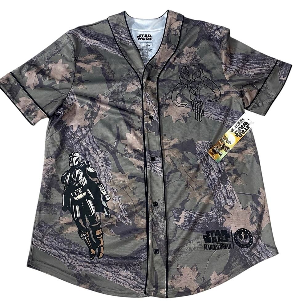 Star Wars The Mandalorian Camo Baseball Jersey Men's Size L NWT Mando Skull